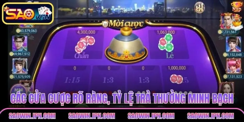 Các cửa cược rõ ràng, tỷ lệ trả thưởng minh bạch theo từng phiên